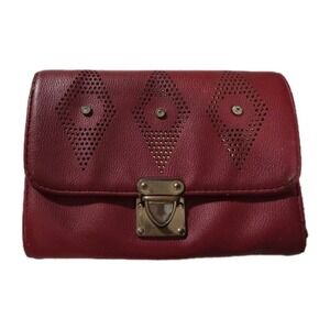 Vintage Red Leather Clutch Wallet Crossbody Bag Purse, Rhinestones